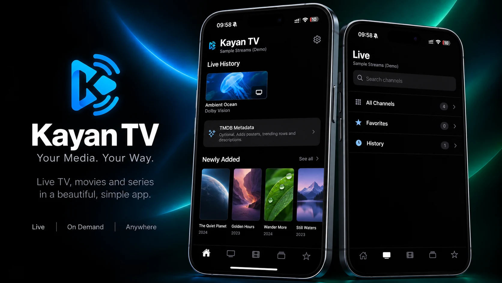Kayan TV live TV and library interface on iPhone