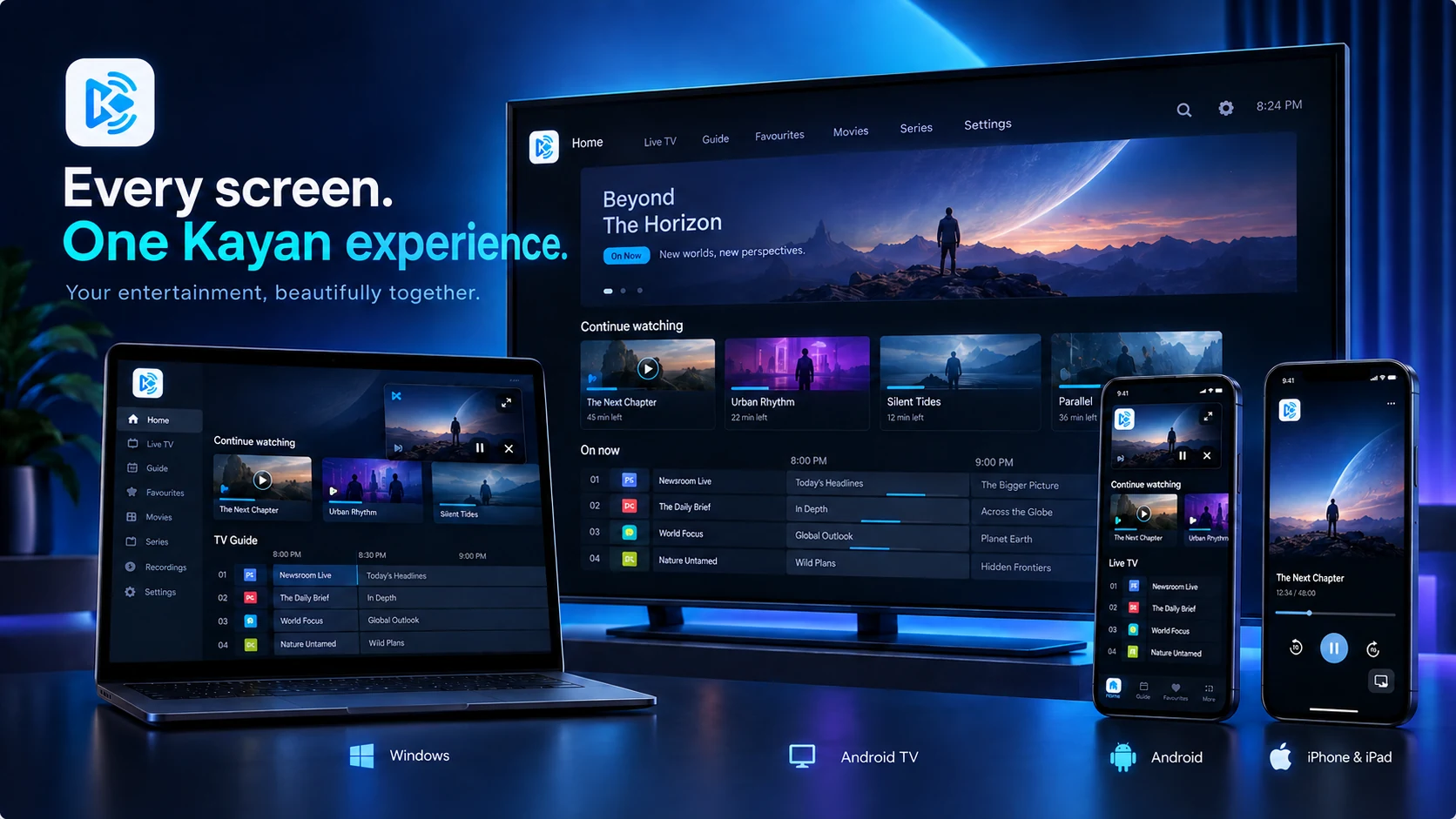 Kayan TV IPTV player shown on Windows, Android TV, Android and iPhone