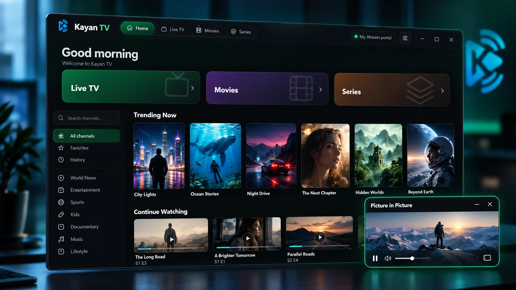 Kayan TV Windows IPTV player with media library and Picture in Picture